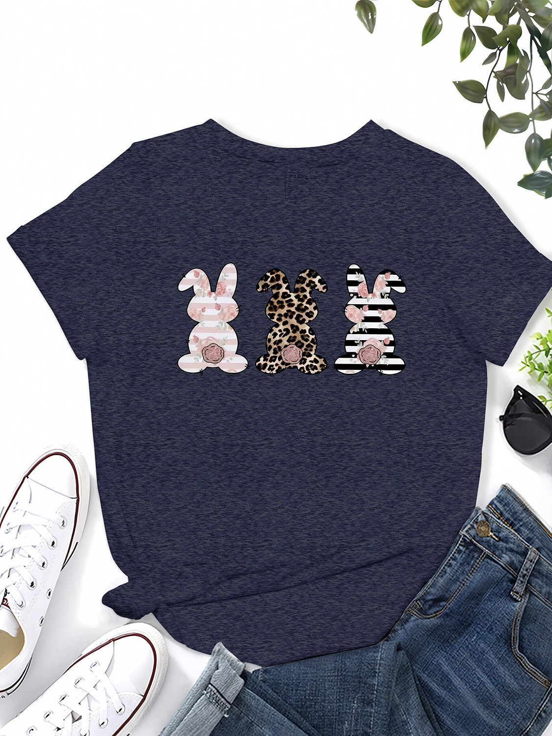 Rabbit Graphic Round Neck Short Sleeve T-Shirt-Jewearrings