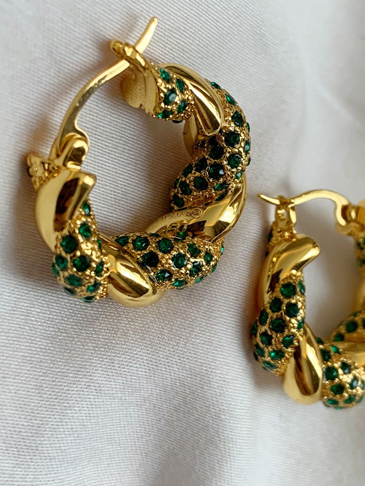 Twisted Twist Inlaid With Rhinestones And Gold-plated Green Circle Earrings-Jewearrings