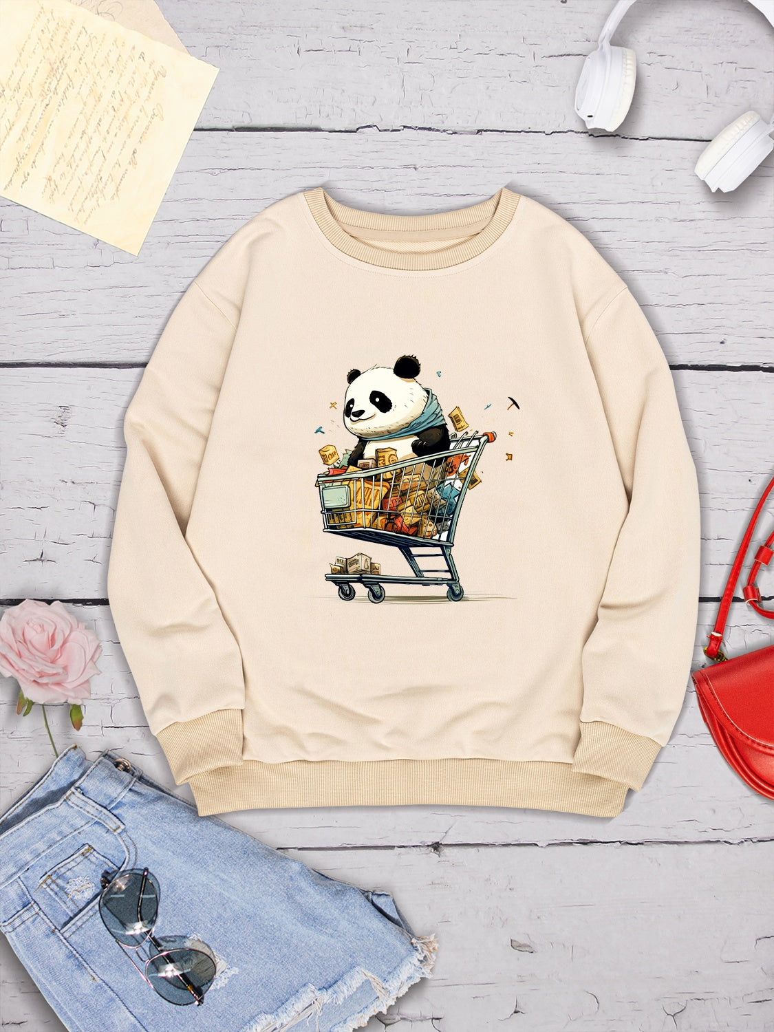 Panda Round Neck Dropped Shoulder Sweatshirt-Jewearrings