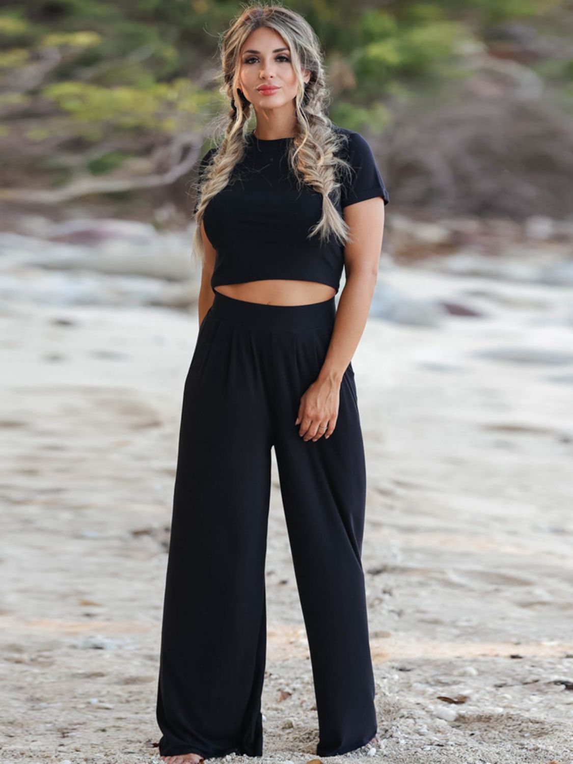 Short Sleeve T-Shirt and Wide Leg Pants Set-Jewearrings