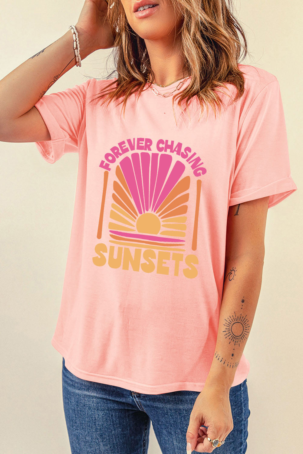 FOREVER CHASING SUNSETS Round Neck T-Shirt-Jewearrings