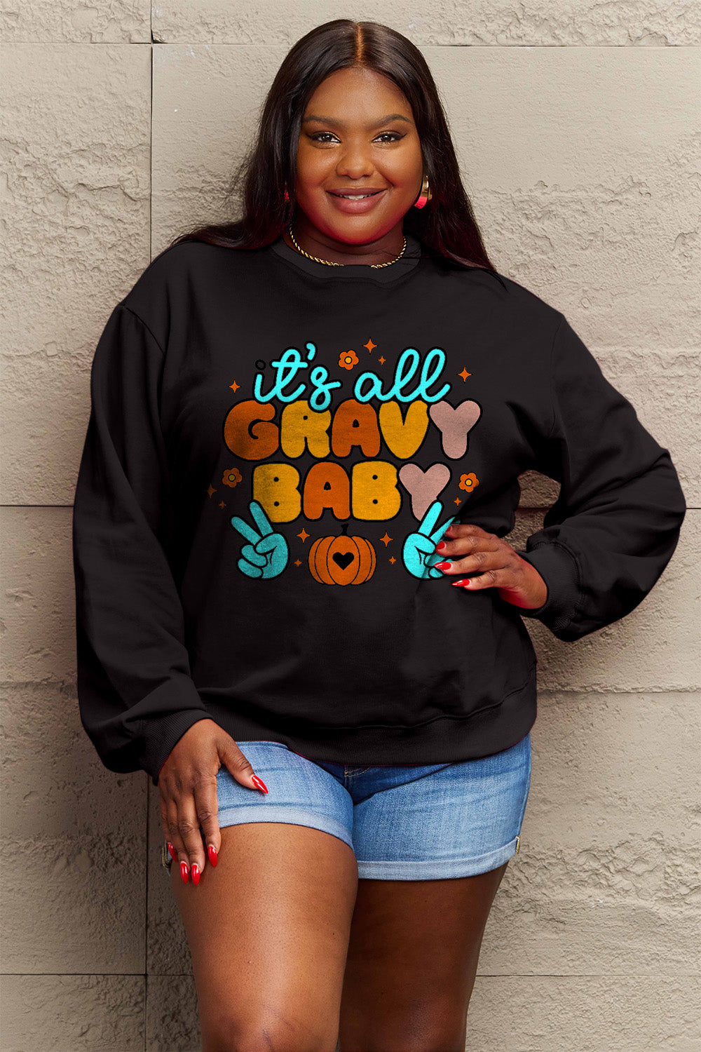 Simply Love Full Size IT'S ALL GRAVY BABY Long Sleeve Sweatshirt-Jewearrings