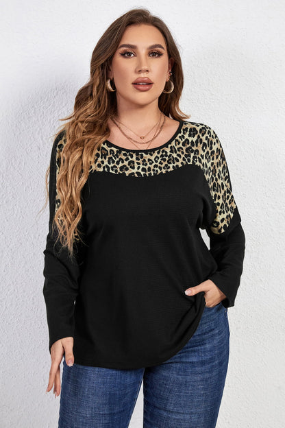 Melo Apparel Plus Size Leopard Trim Round Neck Long Sleeve Tee-Jewearrings