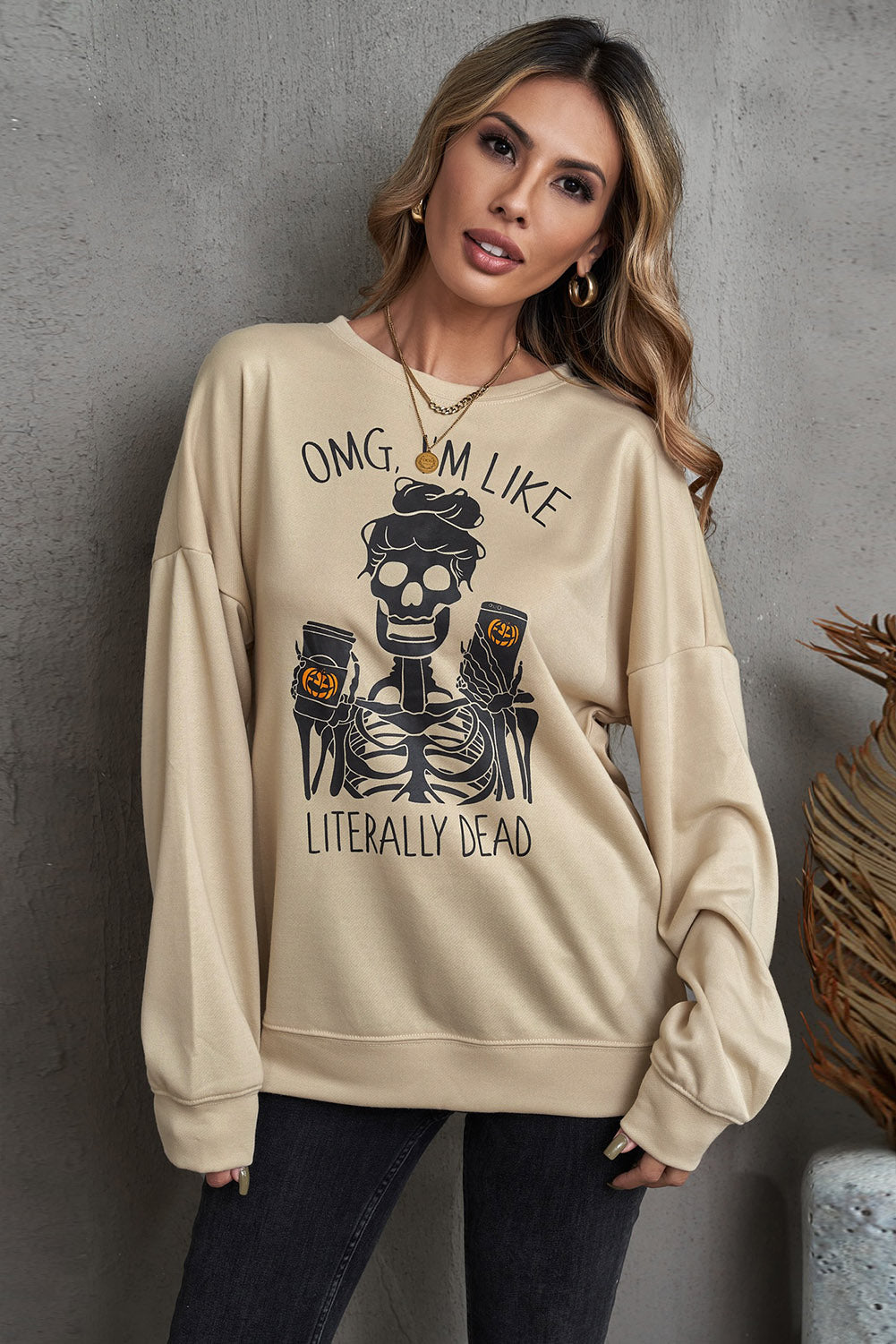 Halloween Skeleton Graphic Dropped Shoulder Sweatshirt-Jewearrings