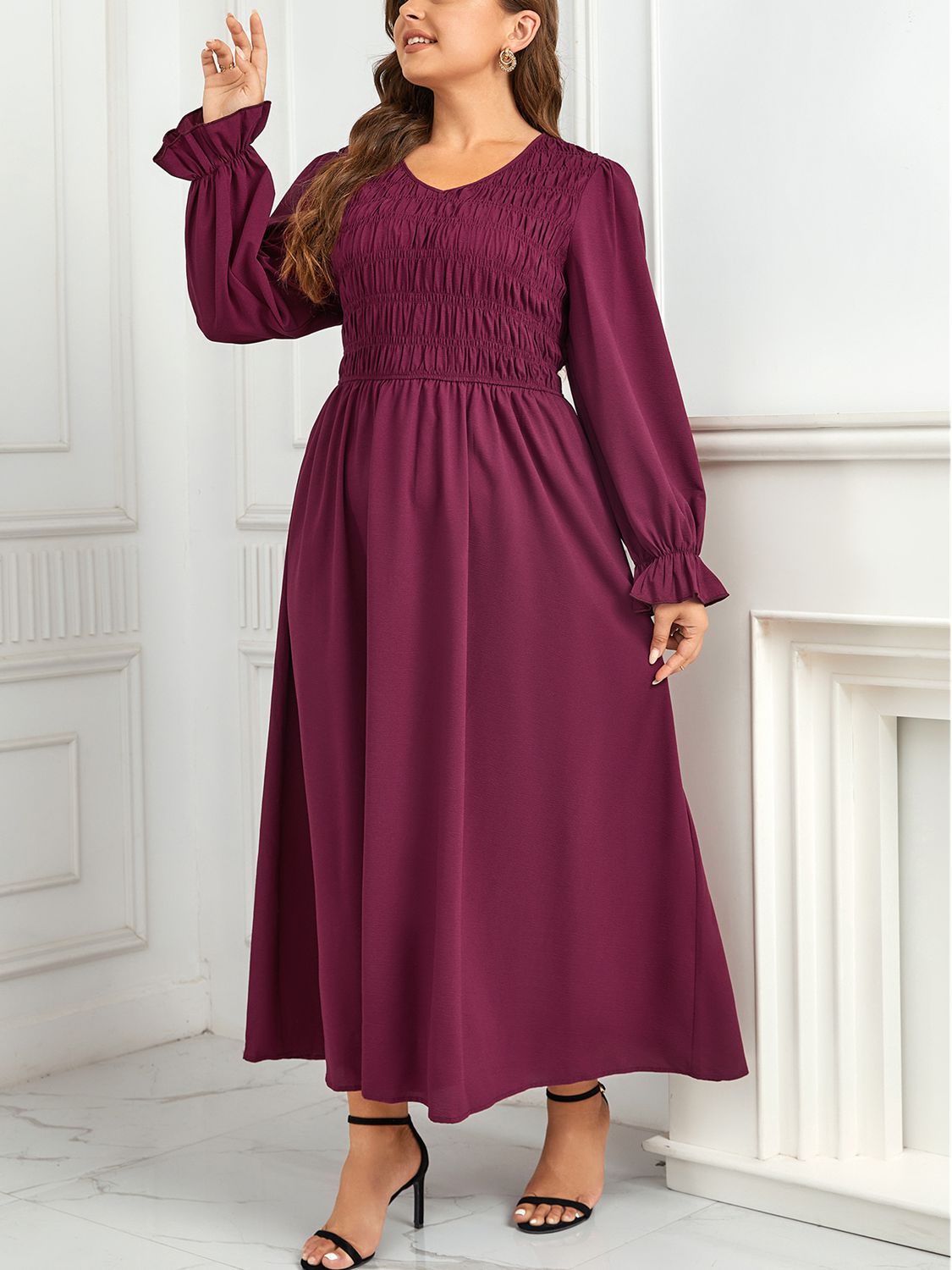 Plus Size Flounce Sleeve Smocked Maxi Dress-Jewearrings