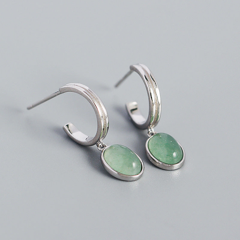 S925 Silver Stud Earrings C- Shaped High-grade Green Aventurine Retro Silver-Jewearrings