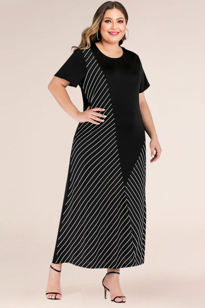 Plus Size Striped Color Block Tee Dress-Jewearrings