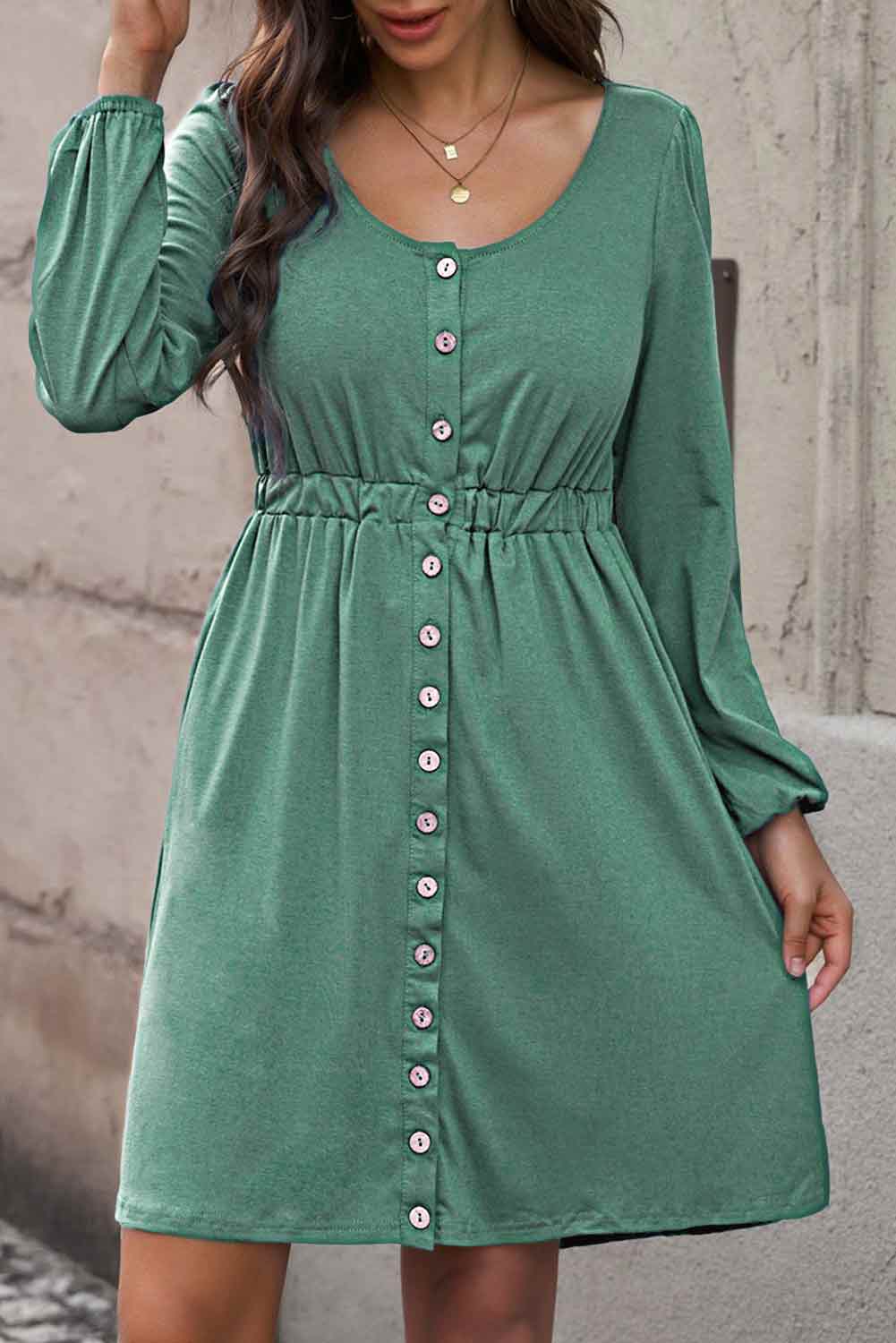 Plus Size Button Front Elastic Waist Long Sleeve Dress-Jewearrings