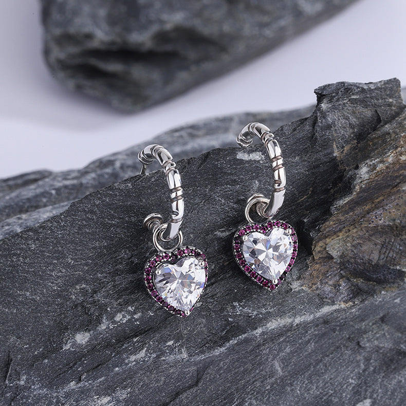 Sterling Silver Peach Heart Set Zircon Personalized Versatile Earrings-Jewearrings