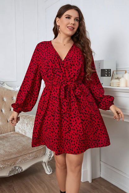 Plus Size Long Sleeve Surplice Neck Dress-Jewearrings