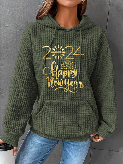 Full Size 2024 HAPPY NEW YEAR Waffle-Knit Hoodie-Jewearrings