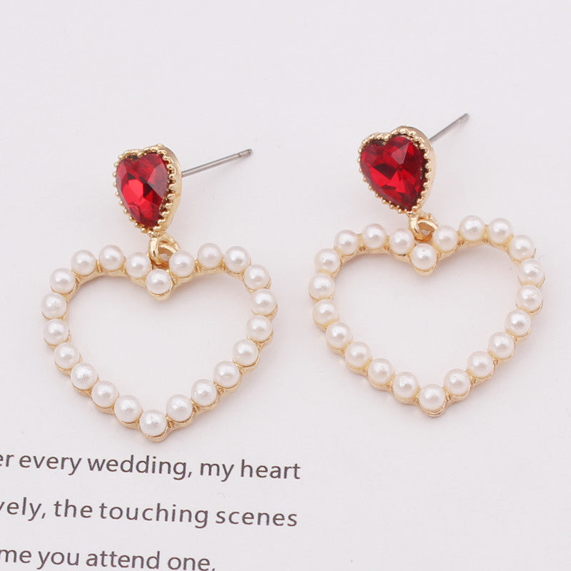 Korean Style Fashion Metal Sweet Peach Heart Pearl Earrings Personality Temperament-Jewearrings