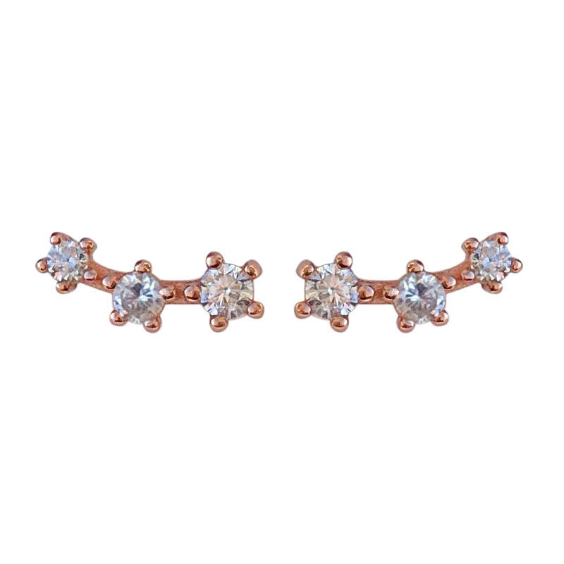 Silver Three Zircon Curved Stud Earrings Mini Petite-Jewearrings