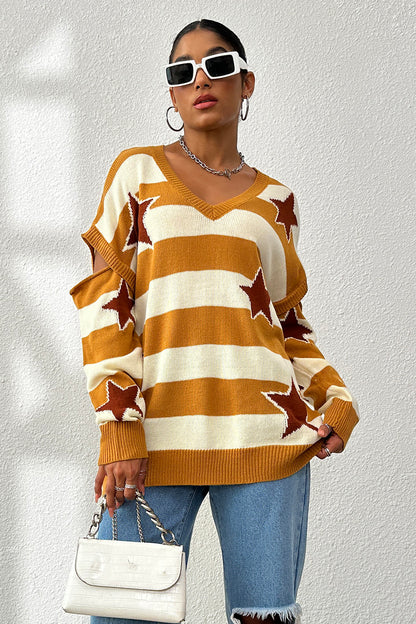 Star Pattern V-Neck Cutout Sweater-Jewearrings