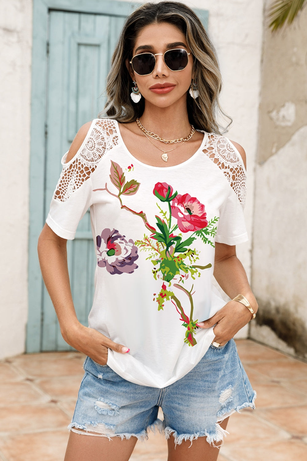 Lace Detail Round Neck Cold Shoulder Blouse-Jewearrings