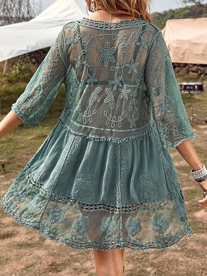 Lace Detail Plunge Cover-Up Dress-Jewearrings