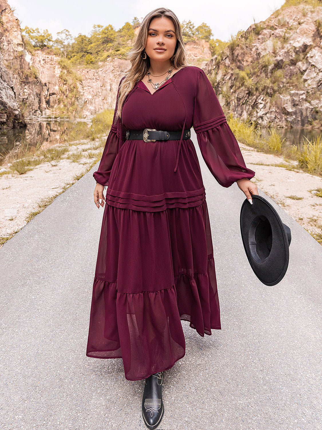 Plus Size Tie Neck Ballon Sleeve Tiered Dress-Jewearrings