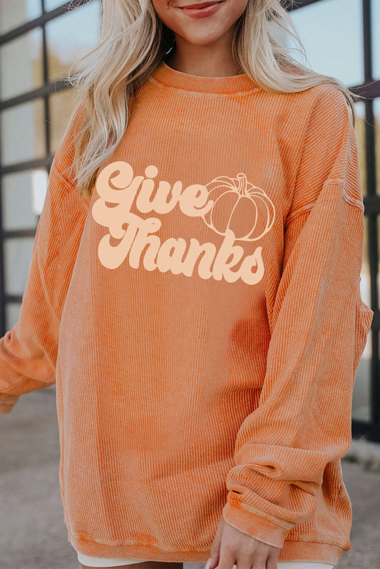 GIVE THANKS Ribbed Round Neck Sweatshirt-Jewearrings