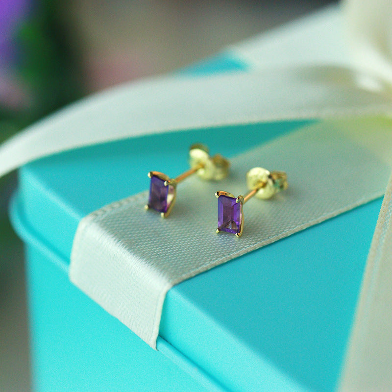 S925 Silver Square Amethyst Stud Earrings Women-Jewearrings