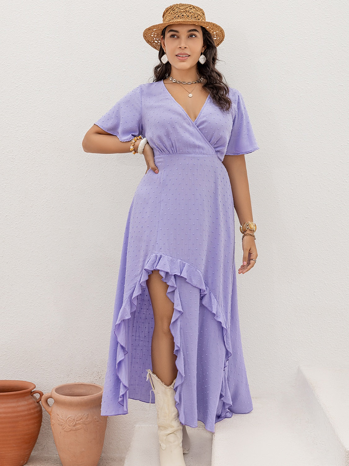 Plus Size Swiss Dot High-Low Surplice Dress-Jewearrings