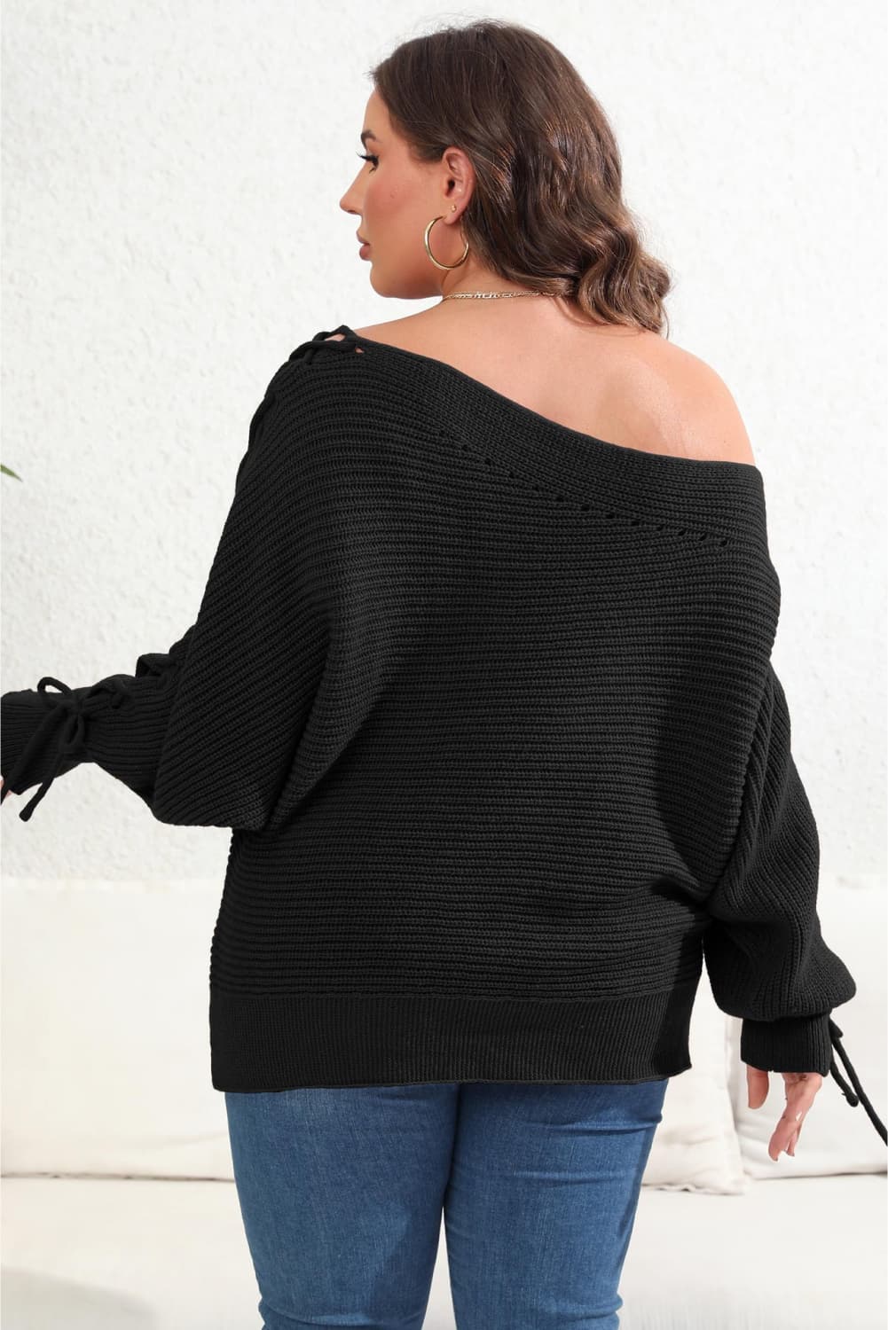 Plus Size One Shoulder Beaded Sweater-Jewearrings