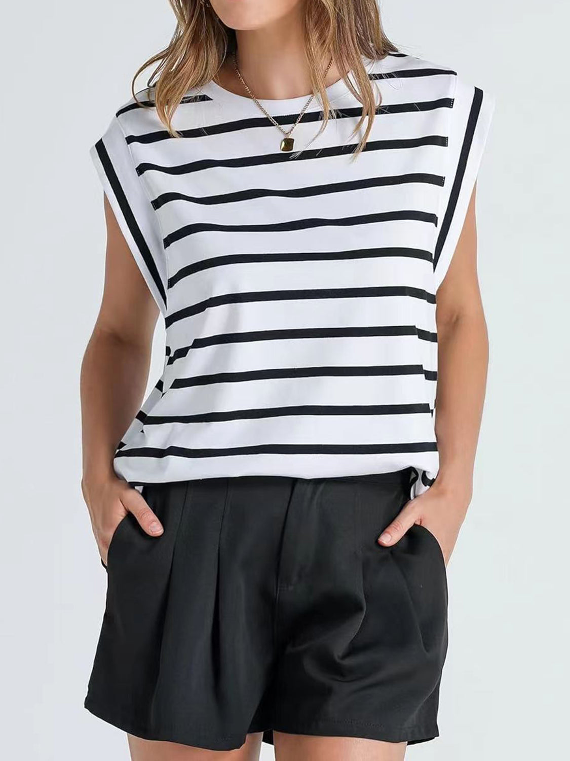 Striped Round Neck Cap Sleeve T-Shirt-Jewearrings