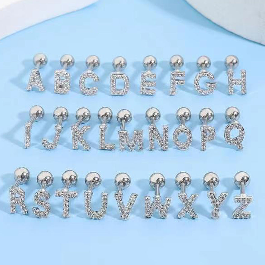 Inlaid Zircon 26 English Letters Ear Bone Stud Retro Personality Alloy Letter Thread Stud Earrings Ear Piercing-Jewearrings