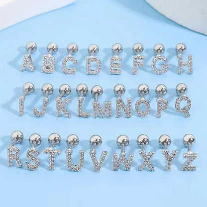 Inlaid Zircon 26 English Letters Ear Bone Stud Retro Personality Alloy Letter Thread Stud Earrings Ear Piercing-Jewearrings