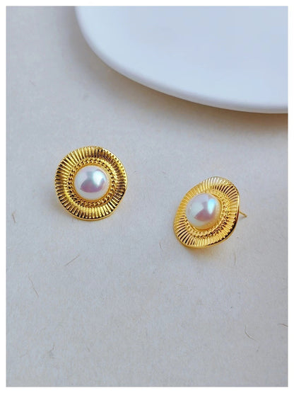 Retro Semicircle Pearl Stud Silver Needle Exaggerated Earrings-Jewearrings