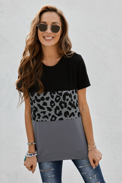 Leopard Print Color Block Short Sleeve T-Shirt-Jewearrings