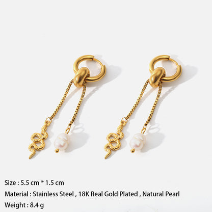 Stainless Steel Electroplated Snake Element Earrings Natural Water Pearl Earrings-Jewearrings