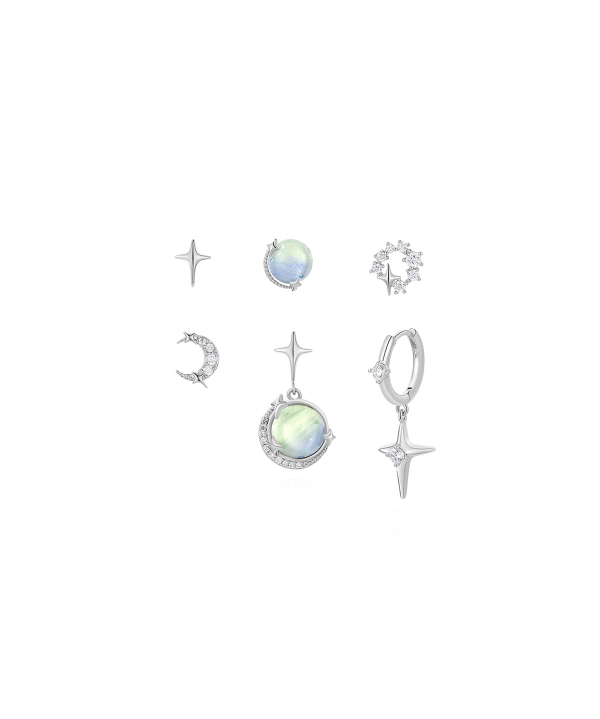 Star Moon Zircon Silver Needle Six-piece Earrings-Jewearrings