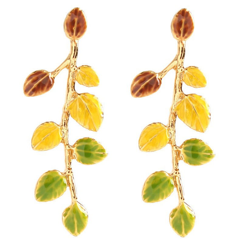 Plant Leaves Enamel Drip Glazed 18K Gilded Stud Earrings-Jewearrings