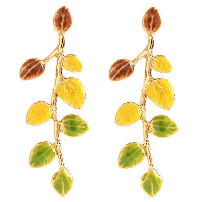 Plant Leaves Enamel Drip Glazed 18K Gilded Stud Earrings-Jewearrings