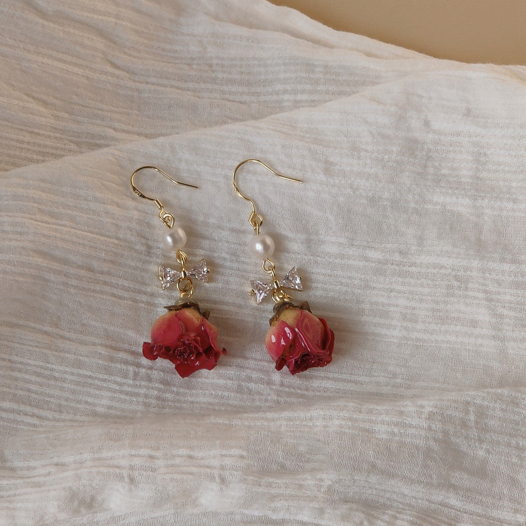 Silver Needle Vintage Hong Kong Air-dried Rose Earrings-Jewearrings