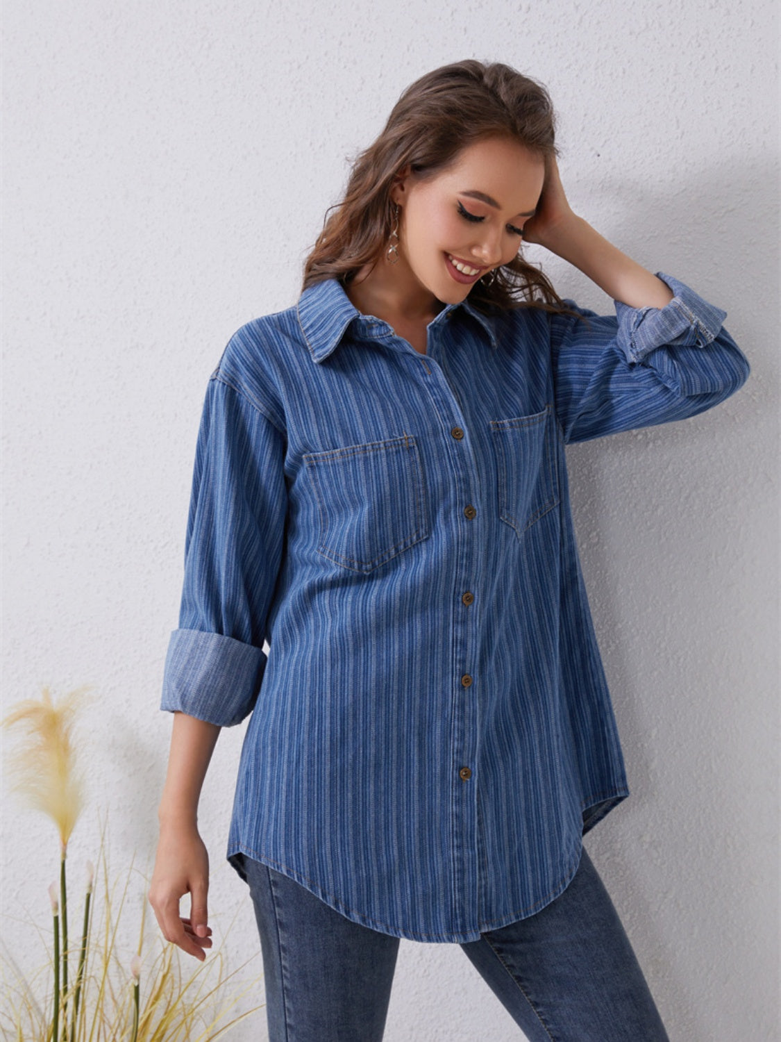 Pocketed Striped Button Up Denim Shirt-Jewearrings