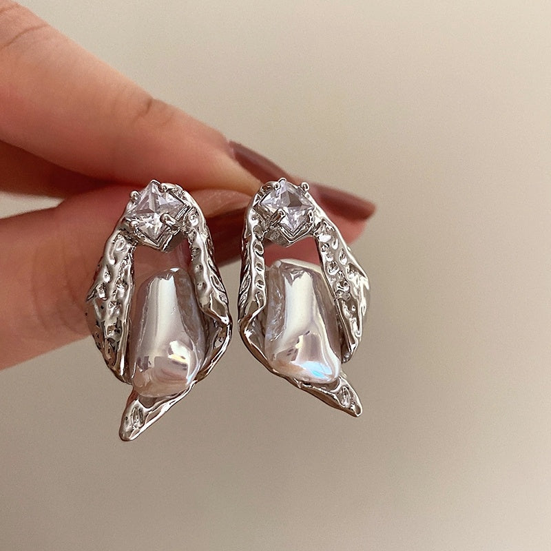 Vintage Irregular Pearl Zircon Earrings-Jewearrings