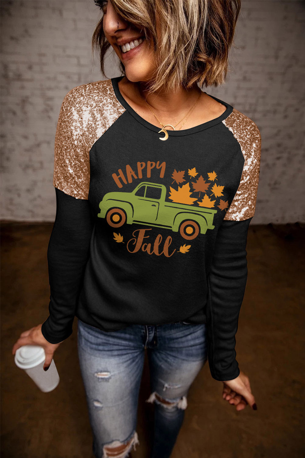 HAPPY FALL Graphic Sequin T-Shirt-Jewearrings