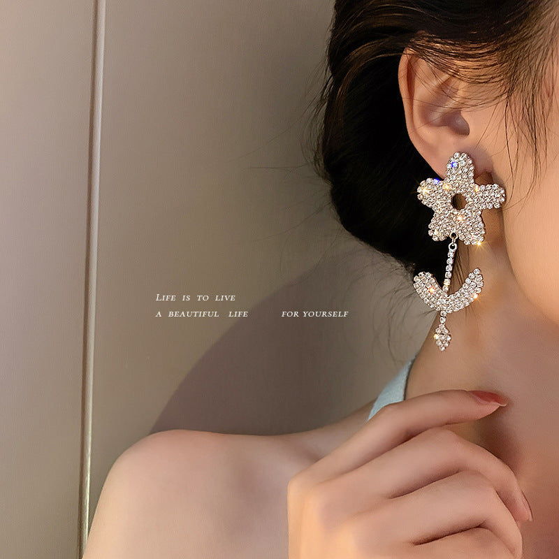 Silver Needle Micro Inlaid Zircon Flower Asymmetrical Earrings-Jewearrings