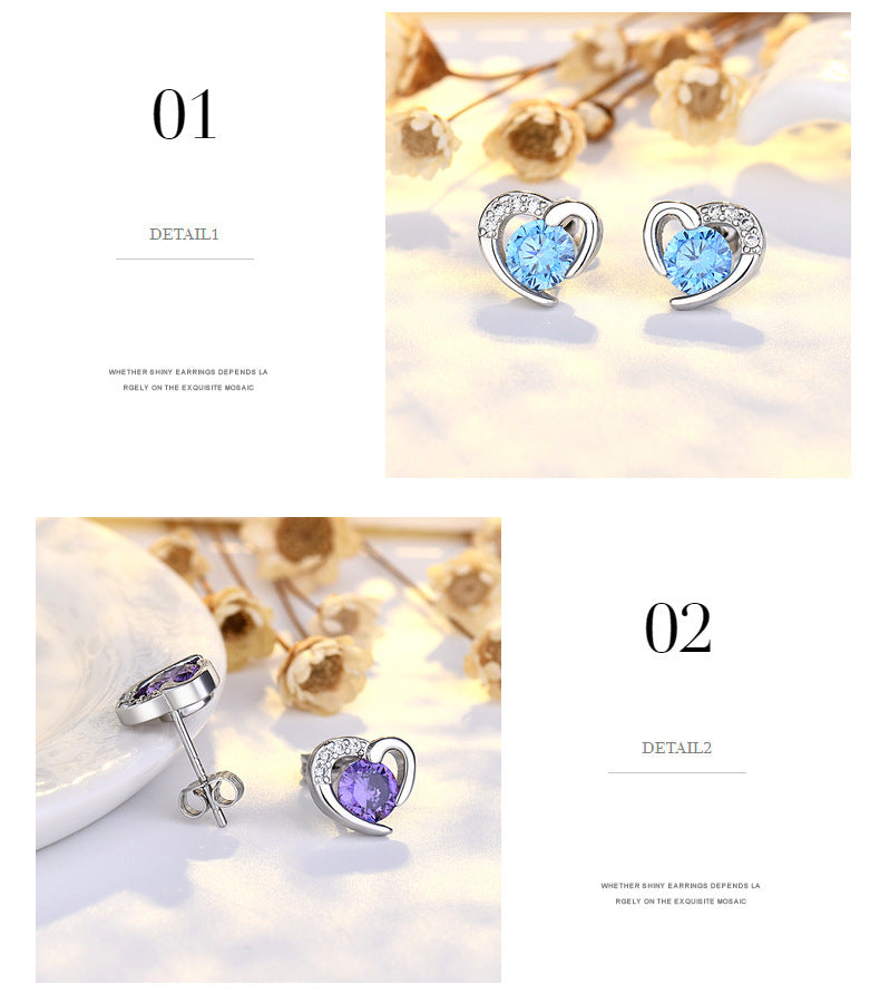 Female S925 Sterling Silver Needle Love Heart Stud Earrings-Jewearrings