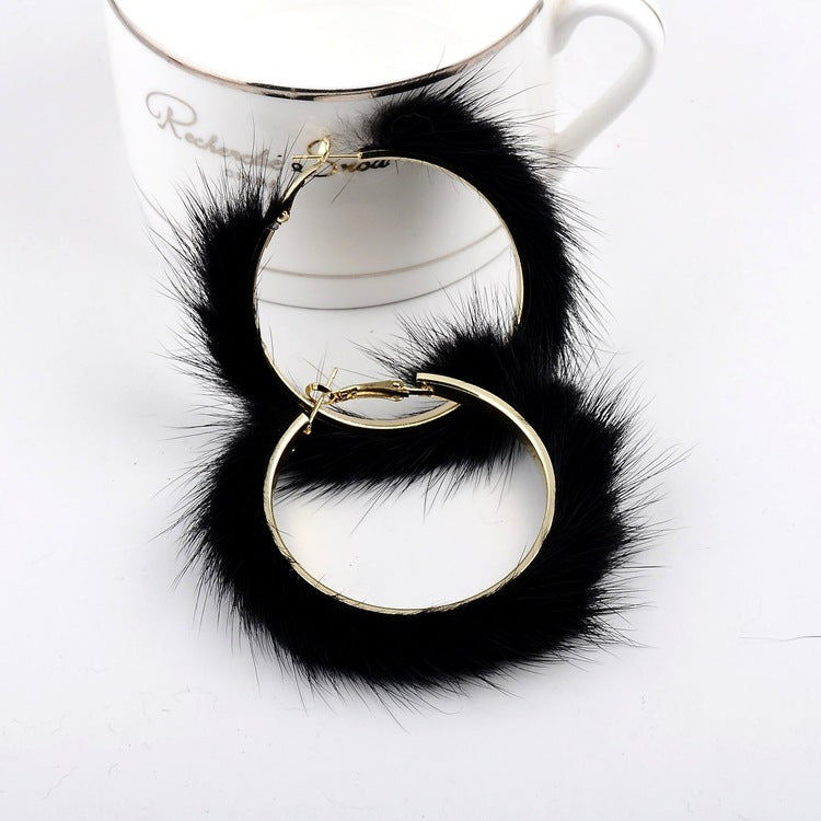 Mink Fur Large Circle Round Ear Hoop Earrings-Jewearrings