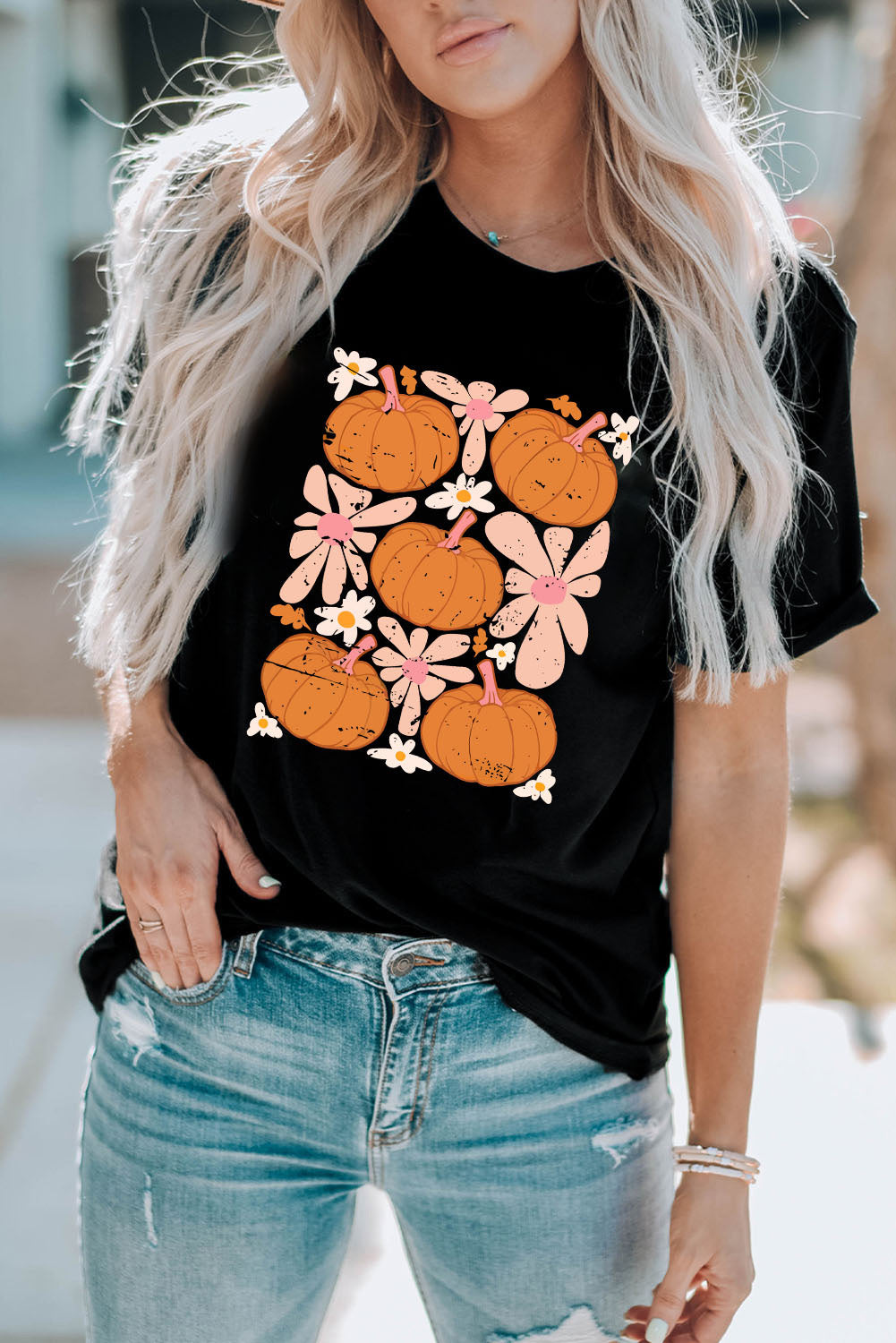 Round Neck Short Sleeve Pumpkin Graphic T-Shirt-Jewearrings