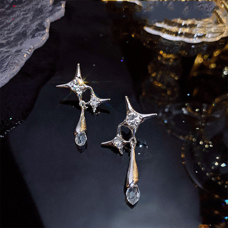 Silver Needle Water Drops Star Niche Design Earrings-Jewearrings