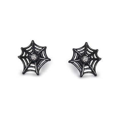 S925 Silver Dark Style Personalized Creative Spider Web Zircon Screw Stud Earrings Halloween-Jewearrings