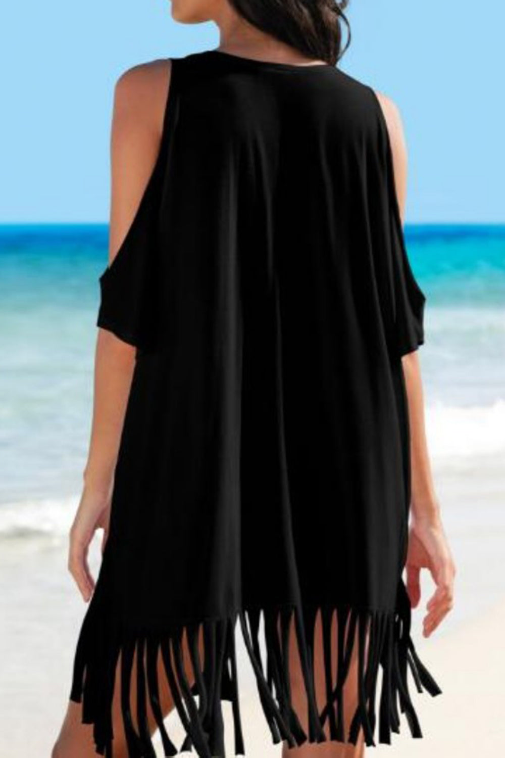 Fringe V-Neck Cold Shoulder Cover Up-Jewearrings