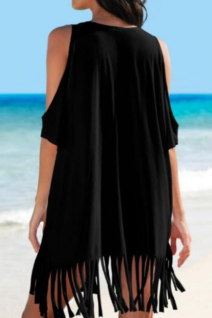 Fringe V-Neck Cold Shoulder Cover Up-Jewearrings