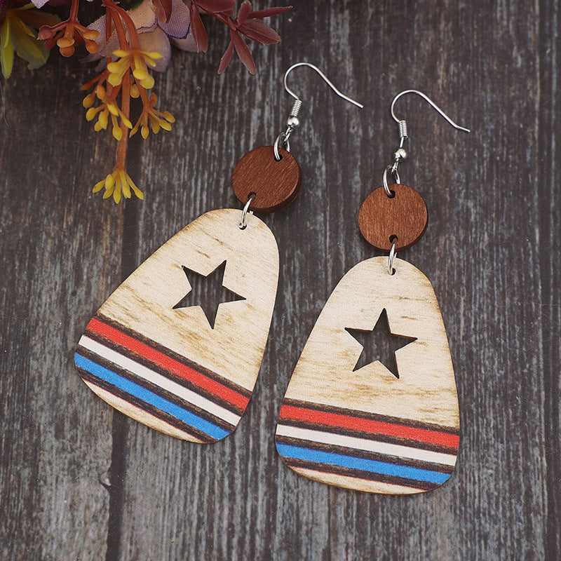 Cutout Star & Stripes Wooden Dangle Earrings-Jewearrings