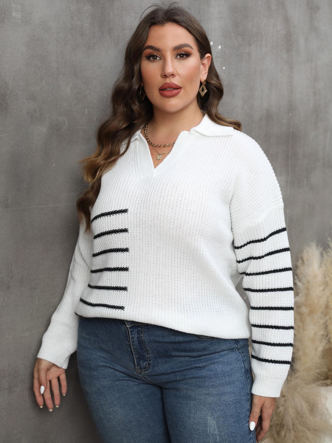 Plus Size Striped V-Neck Sweater-Jewearrings