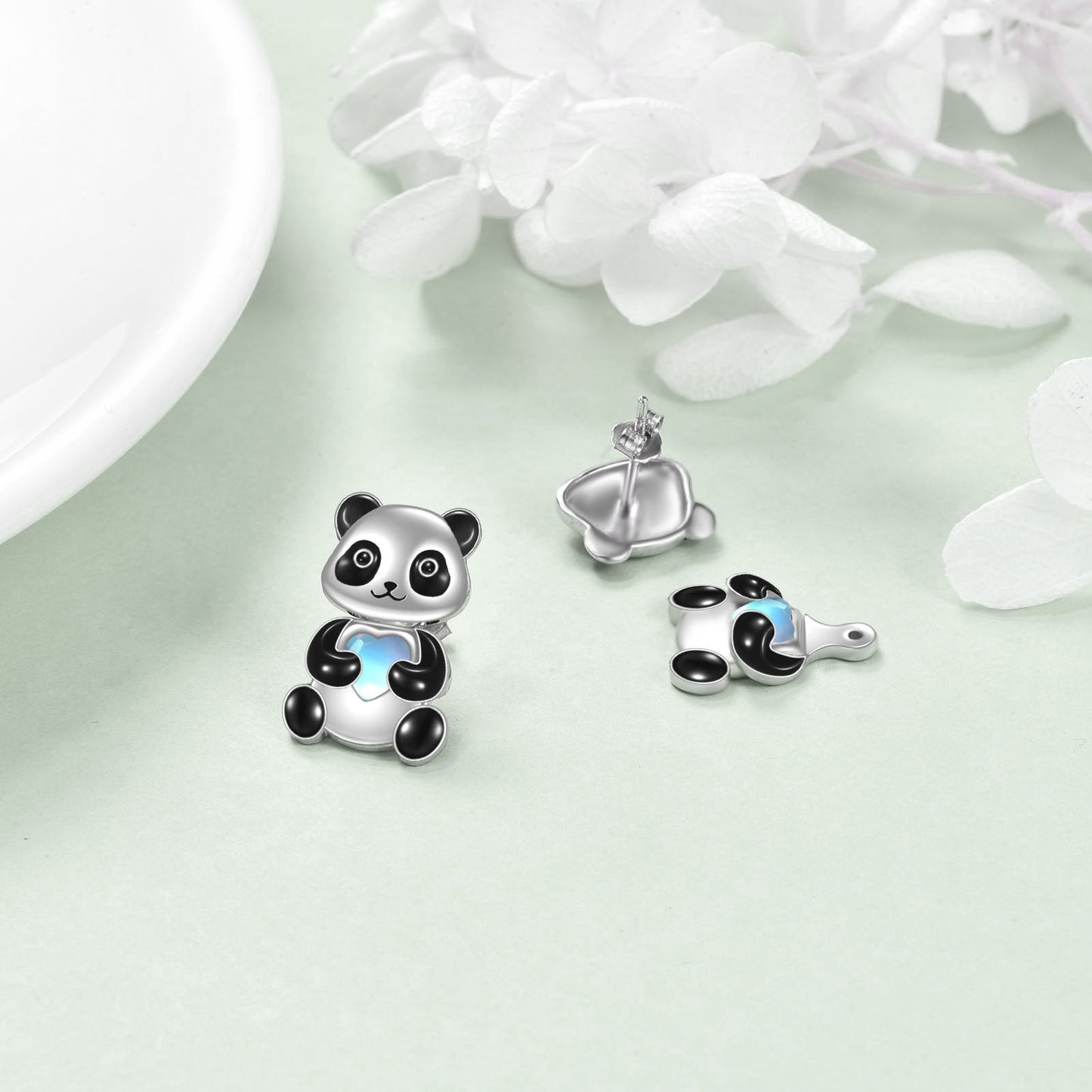 Sterling Silver Panda Stud Earrings Ear Jacket Front Back Earrings-Jewearrings