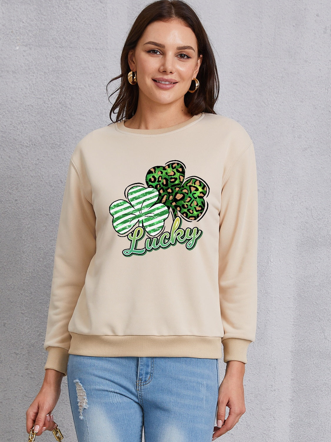 Lucky Clover Round Neck Dropped Shoulder Sweatshirt-Jewearrings